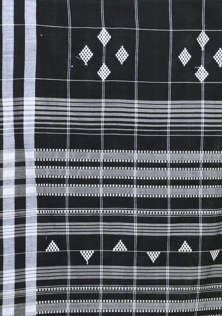 Black Checked Print Cotton Saree Set for Diwali and Festive Wear - Indya