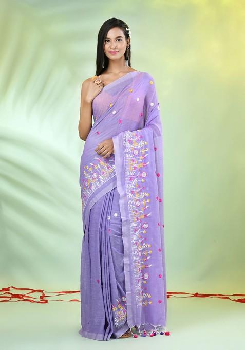 Lavender Floral Print Cotton Saree Set