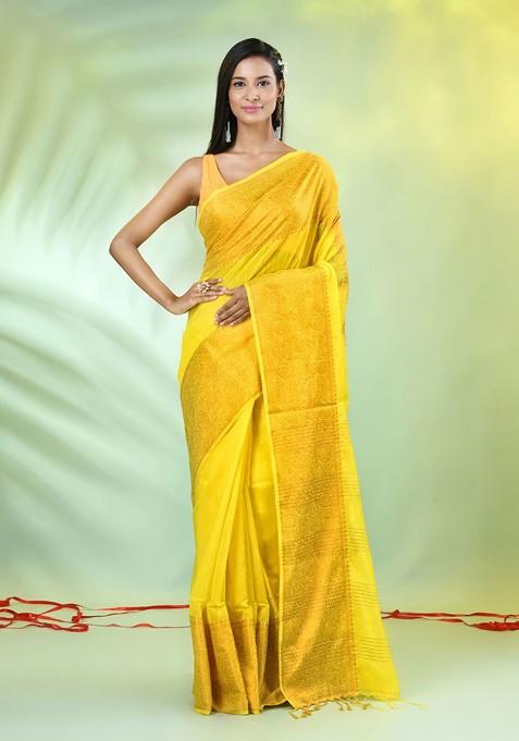 Yellow Woven Cotton Blend Saree Set