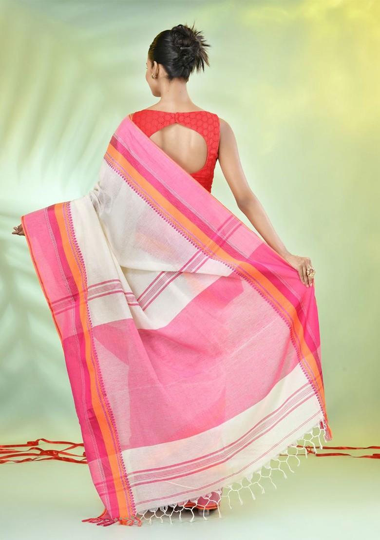 Off White Solid Cotton Saree Set