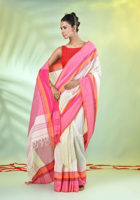 Off White Solid Cotton Saree Set