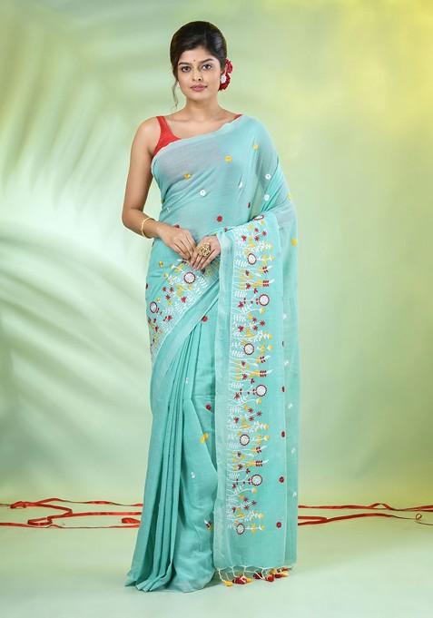 Sea Green Floral Print Cotton Saree Set