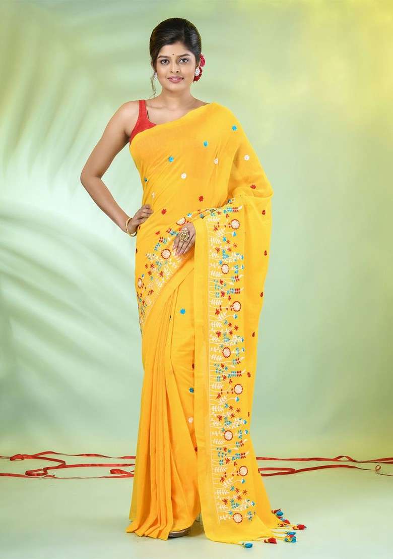 Yellow Cotton Saree Set with Floral Print for Diwali | Wedding & Festive Wear - Indya