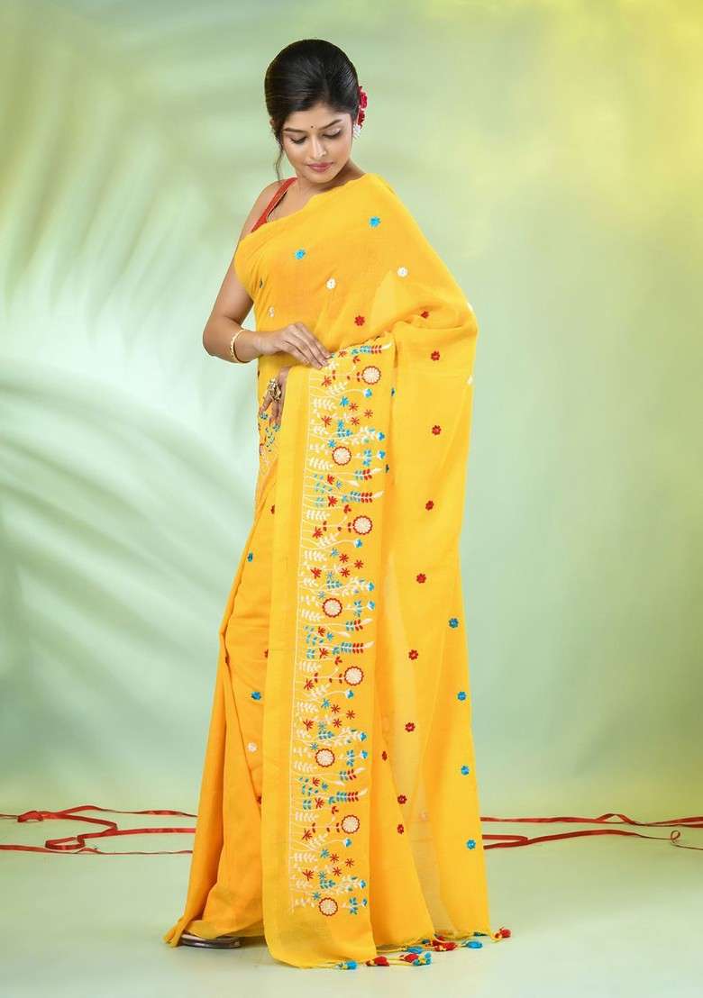 Yellow Cotton Saree Set with Floral Print for Diwali | Wedding & Festive Wear - Indya