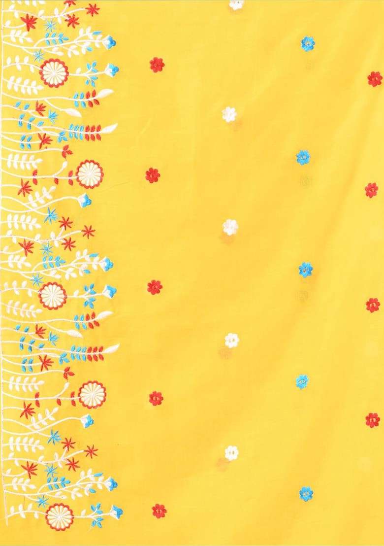 Yellow Cotton Saree Set with Floral Print for Diwali | Wedding & Festive Wear - Indya