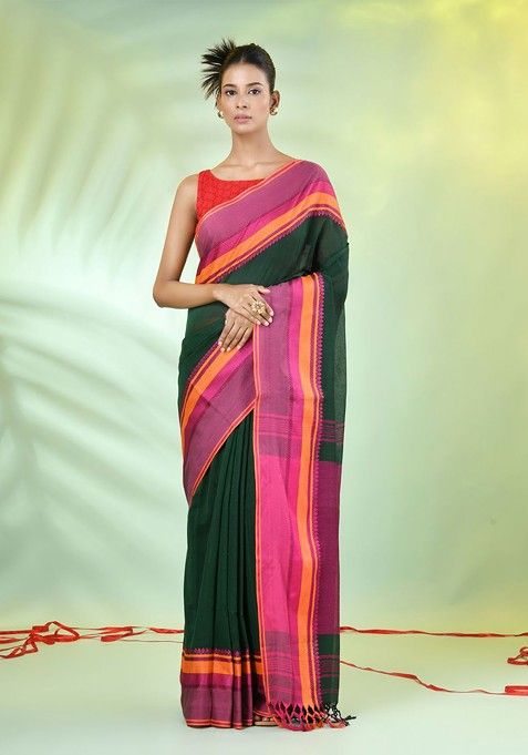 Green Colorblocked Cotton Saree Set