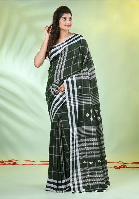 Green Checked Print Cotton Saree Set