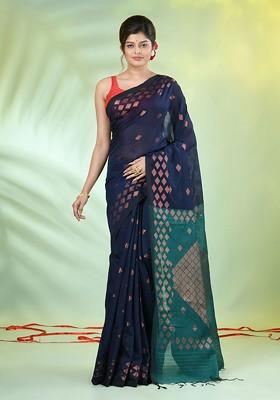Navy Blue Zari Cotton Blend Saree Set