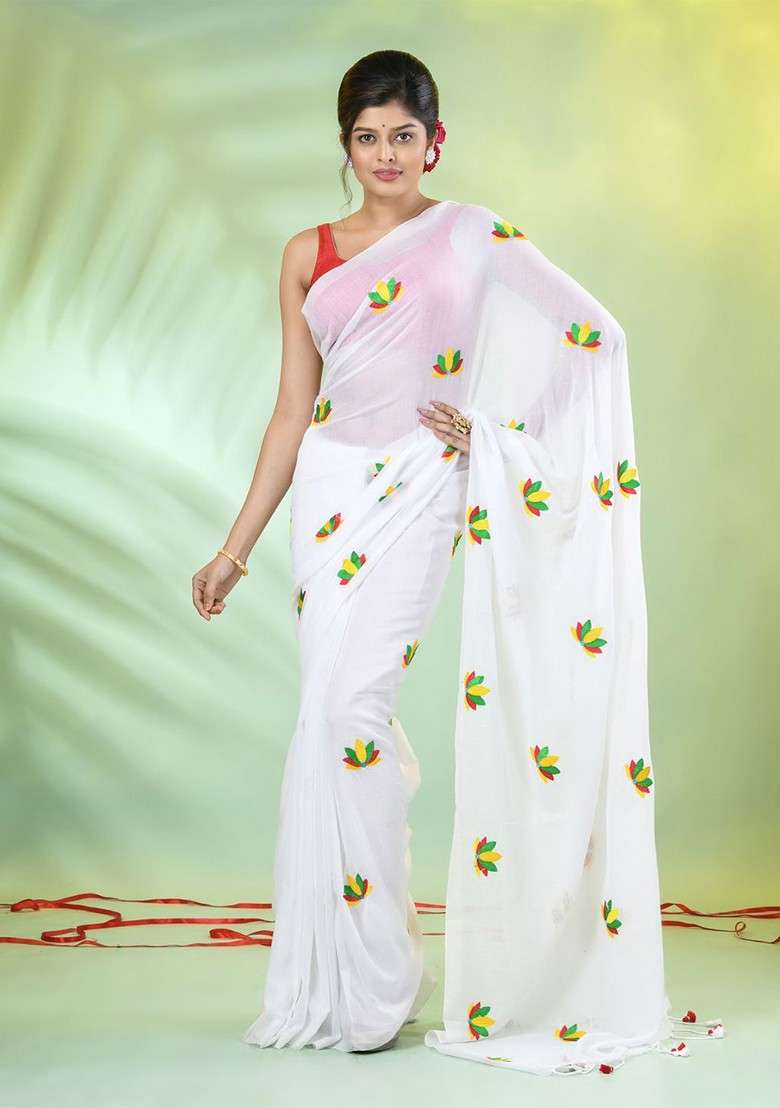 White Handspun Cotton Saree Set with Floral Print for Diwali | Wedding & Festive Wear - Indya