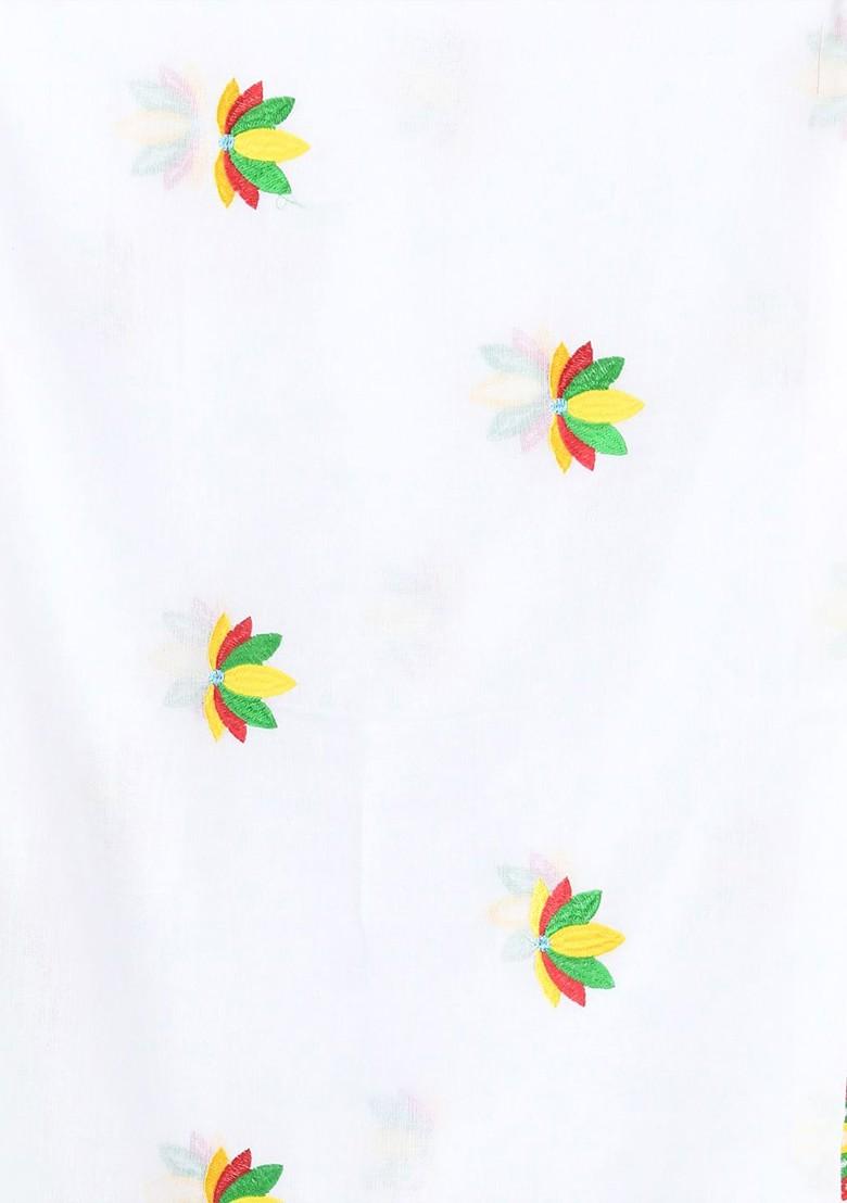 White Floral Print Cotton Handspun Saree Set