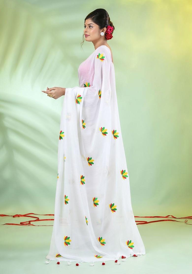 White Floral Print Cotton Handspun Saree Set