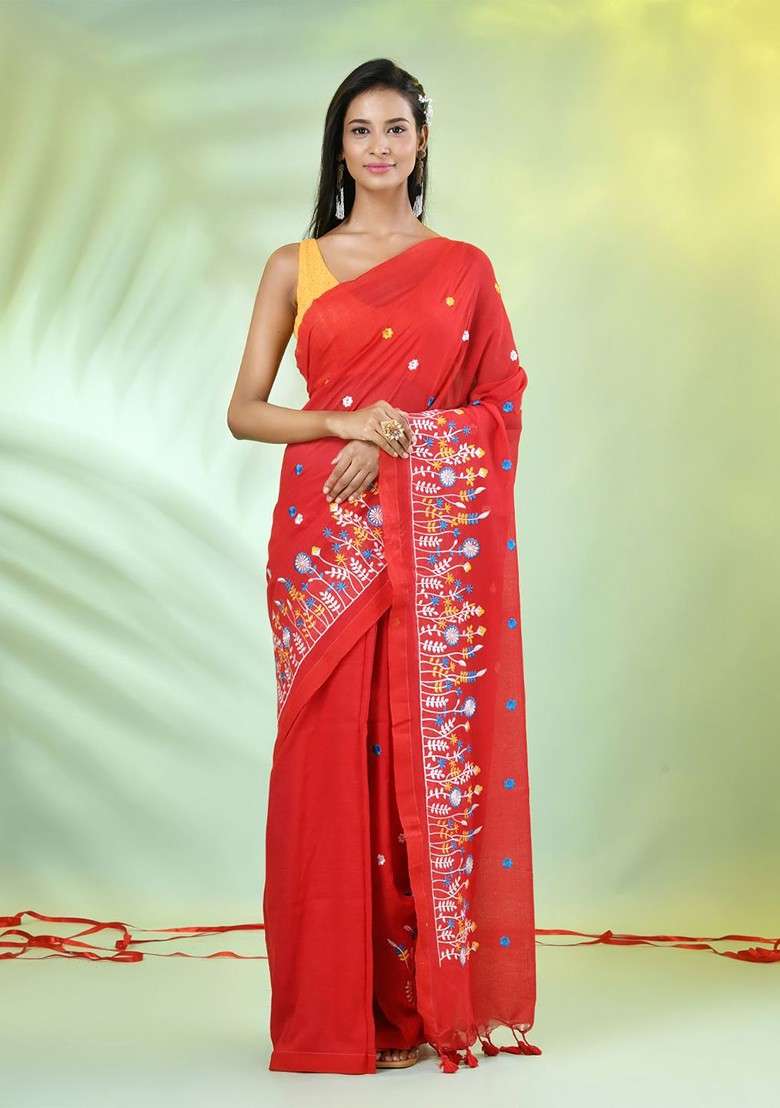 Red Embroidered Cotton Saree Set for Diwali and Festive Wear - Indya