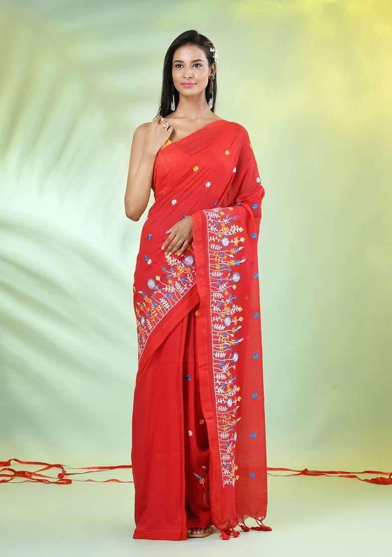 Red Embroidered Cotton Saree Set for Diwali and Festive Wear - Indya