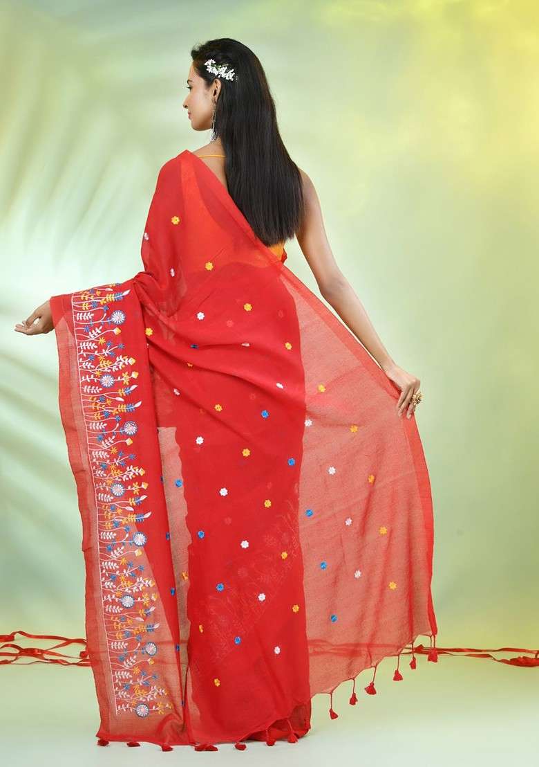 Red Embroidered Cotton Saree Set for Diwali and Festive Wear - Indya