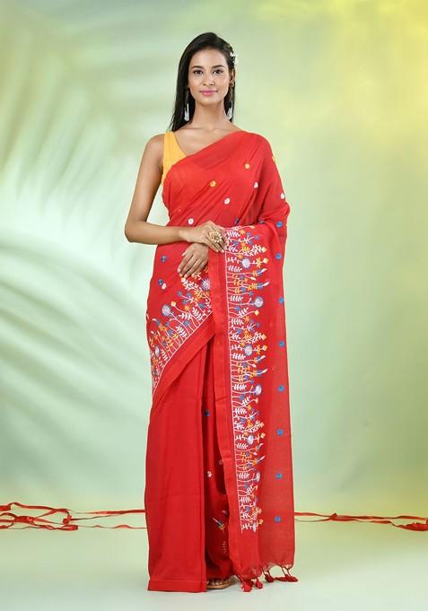 Red Embroidered Cotton Saree Set