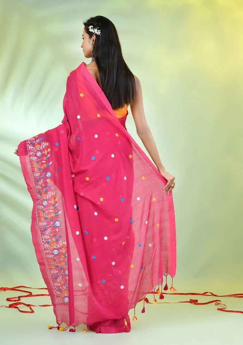 Pink Floral Print Cotton Saree Set