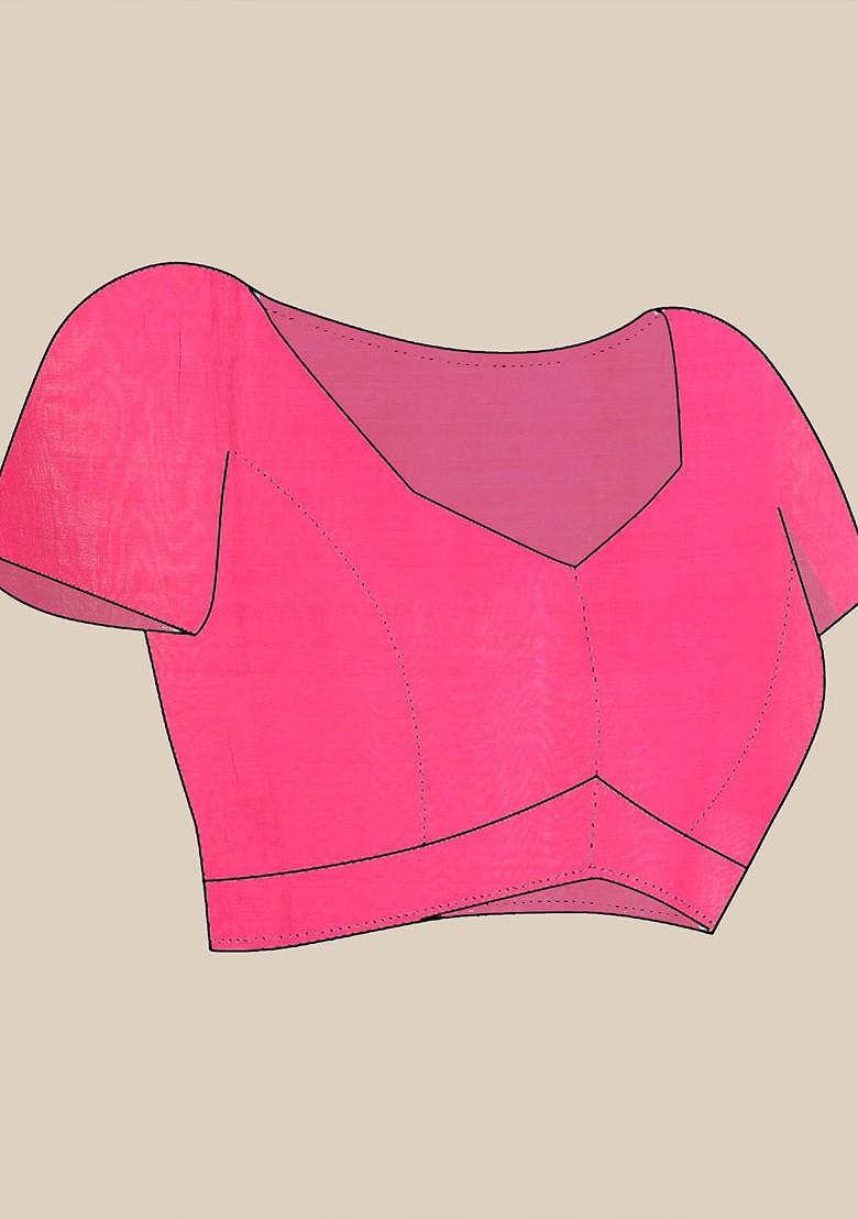 Pink Floral Print Cotton Saree Set