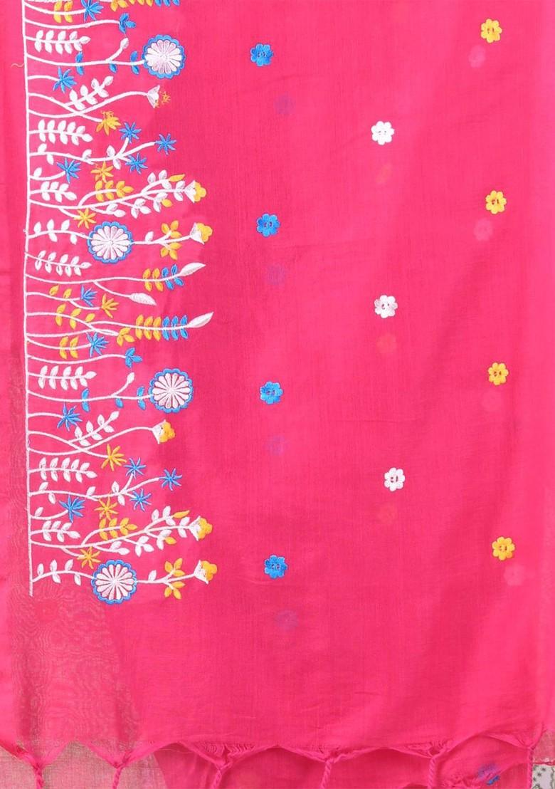 Pink Floral Print Cotton Saree Set