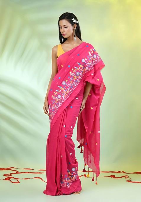 Pink Floral Print Cotton Saree Set