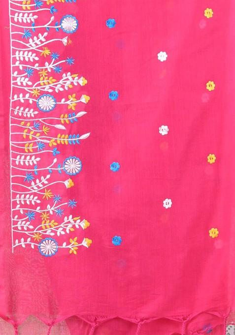 Pink Floral Print Cotton Saree Set
