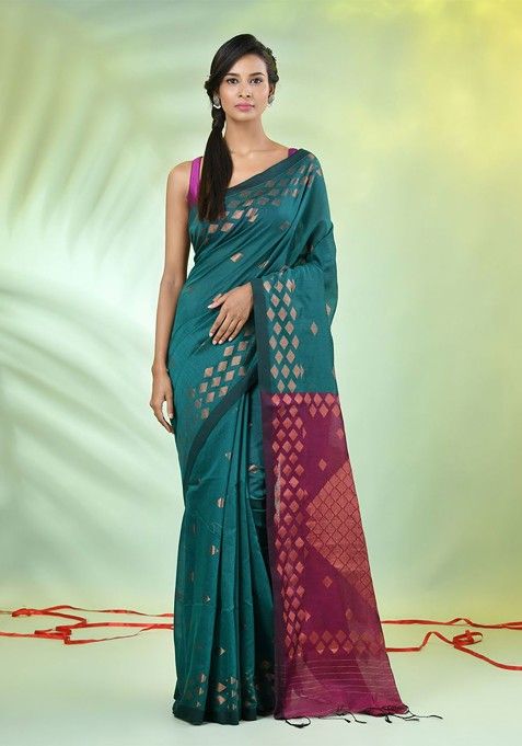 Teal Blue Zari Cotton Blend Saree Set