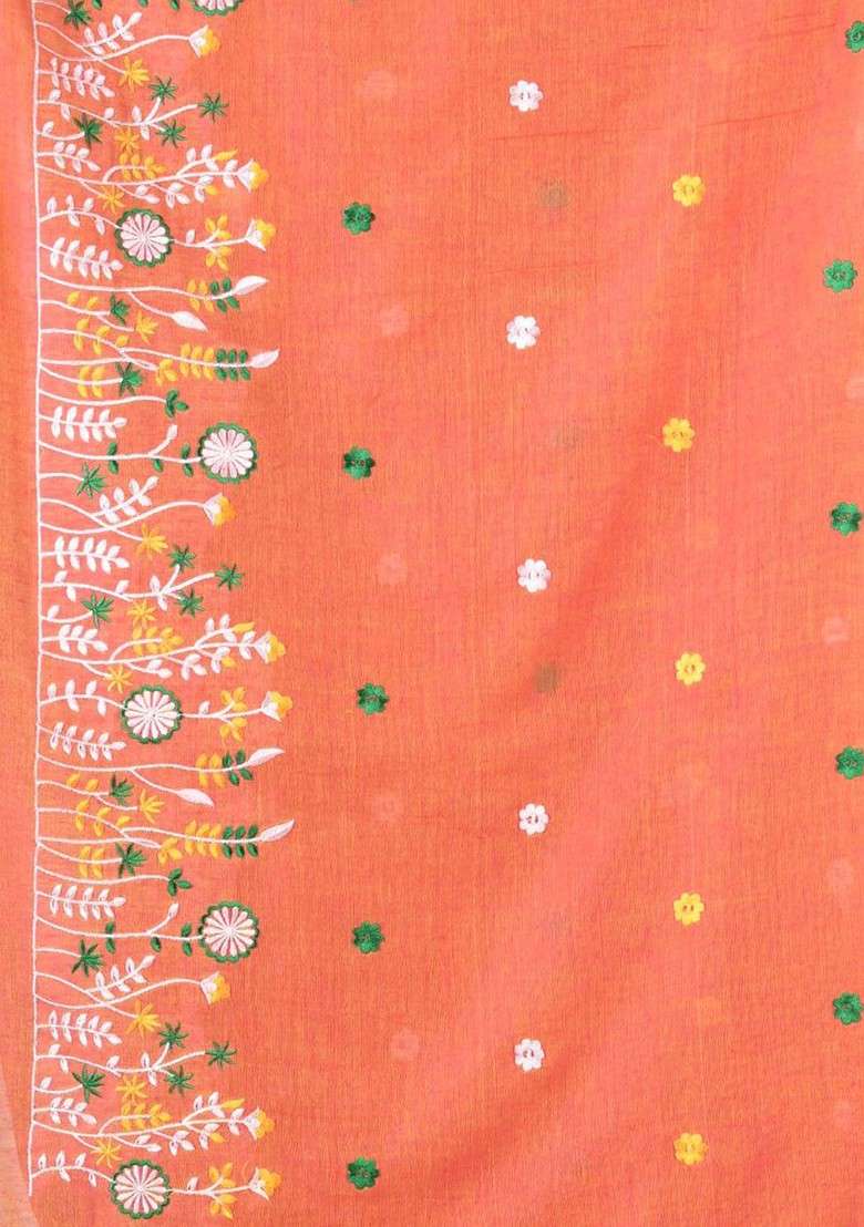 Orange Cotton Saree Set with Floral Print for Diwali | Wedding & Festive Wear - Indya