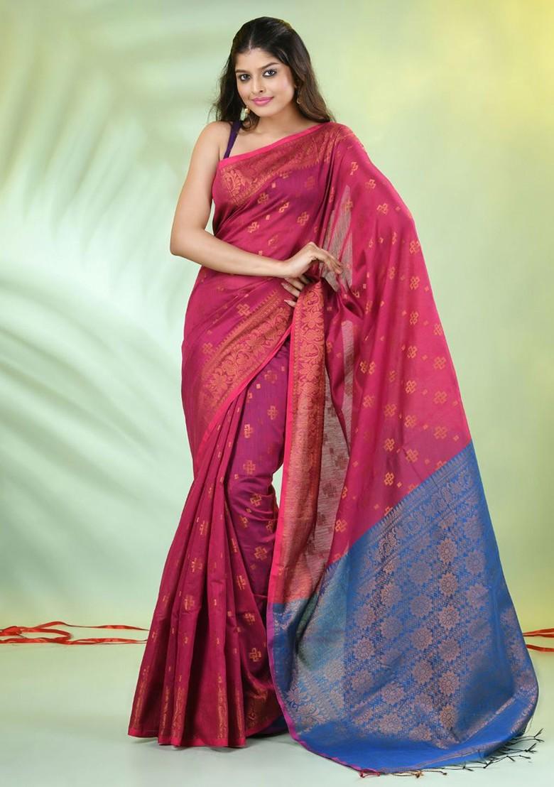 Pink Ethnic Motifs Cotton Blend Saree Set