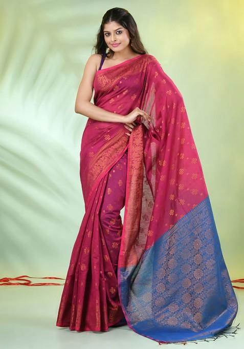 Pink Ethnic Motifs Cotton Blend Saree Set