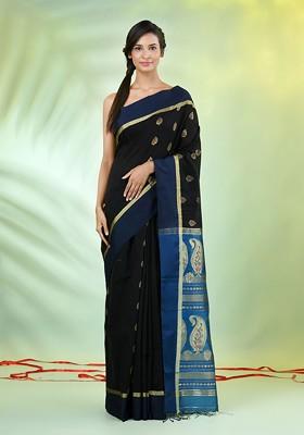 Black Woven Cotton Blend Saree Set