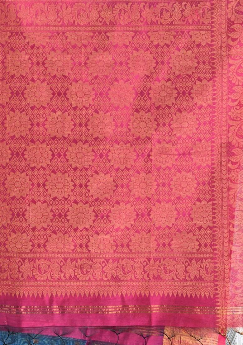 Blue Ethnic Motifs Cotton Blend Saree Set