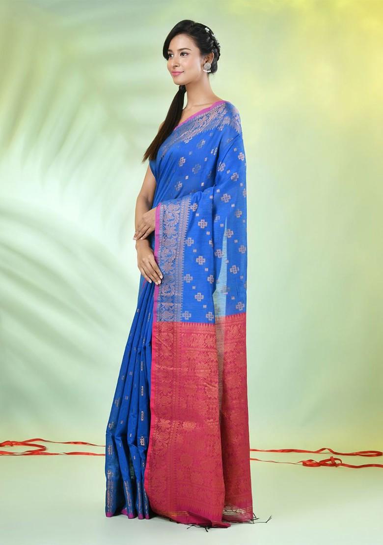 Blue Ethnic Motifs Cotton Blend Saree Set