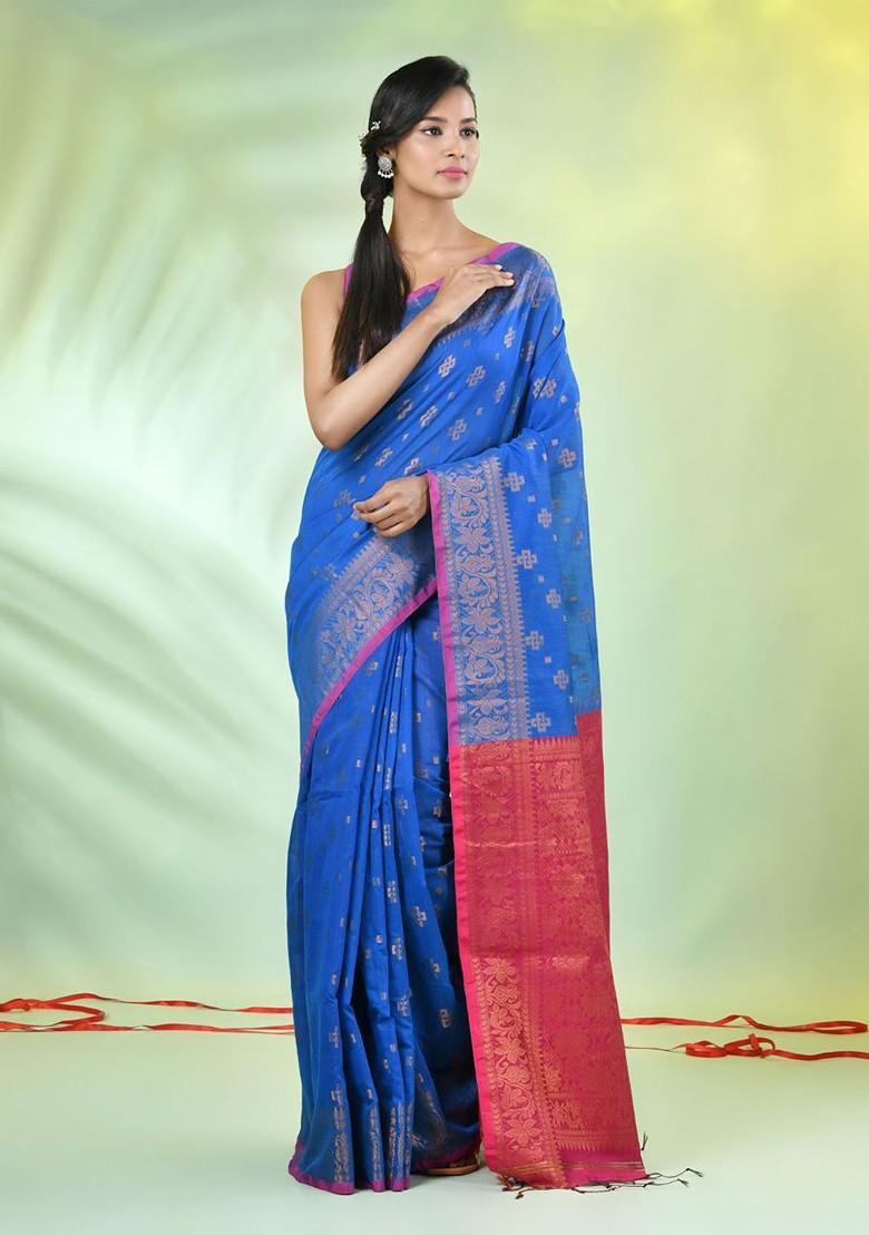 Blue Ethnic Motifs Cotton Blend Saree Set