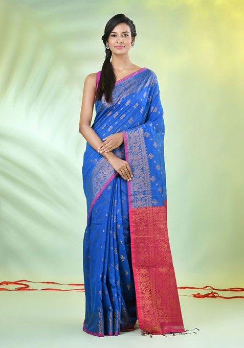 Blue Ethnic Motifs Cotton Blend Saree Set