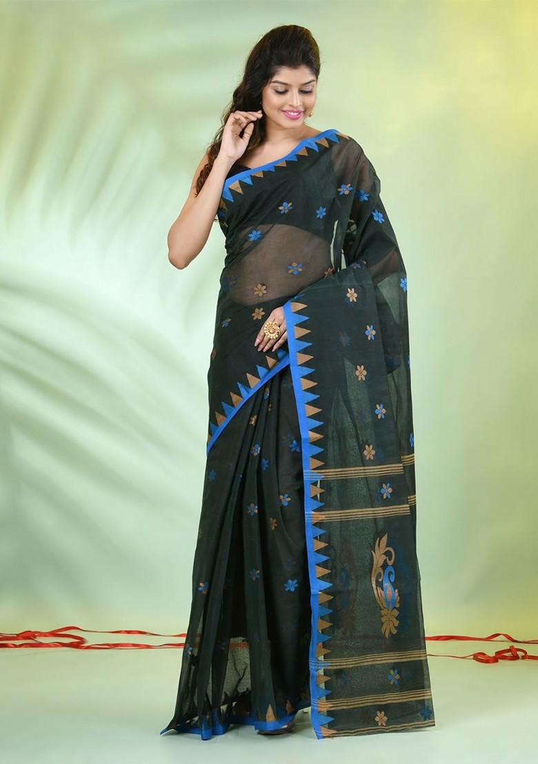 Green Floral Print Cotton Saree Set