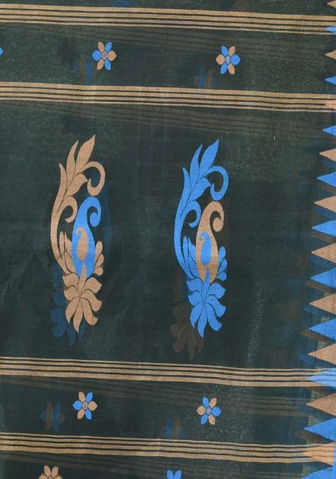 Green Floral Print Cotton Saree Set