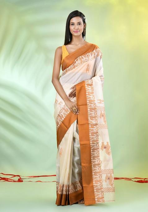 Off White Ethnic Motifs Tussar Silk Saree Set