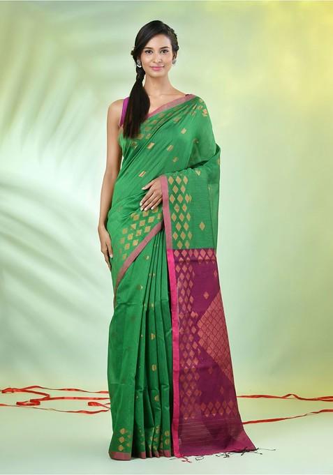 Green Printed Cotton Blend Saree Set