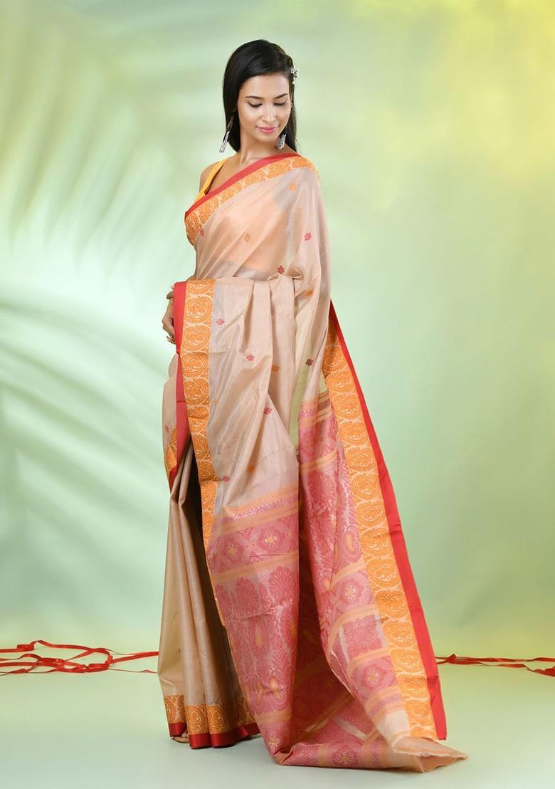 Beige Ethnic Motifs Tussar Silk Saree Set