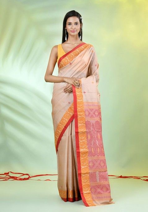 Beige Ethnic Motifs Tussar Silk Saree Set