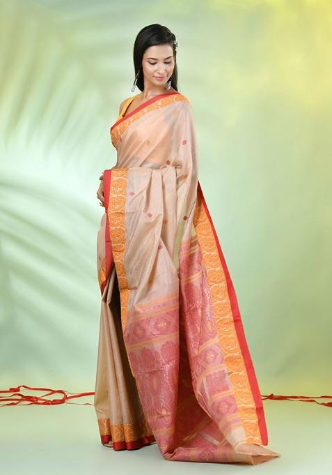 Beige Ethnic Motifs Tussar Silk Saree Set