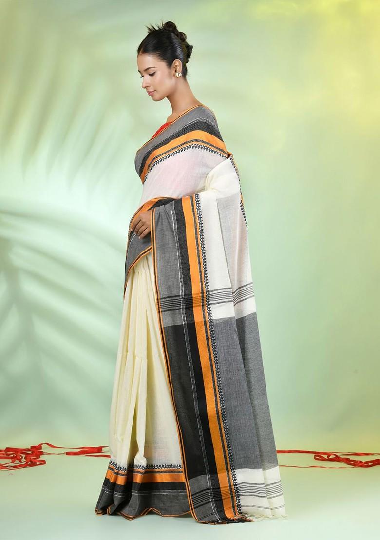 Off White Solid Cotton Saree Set