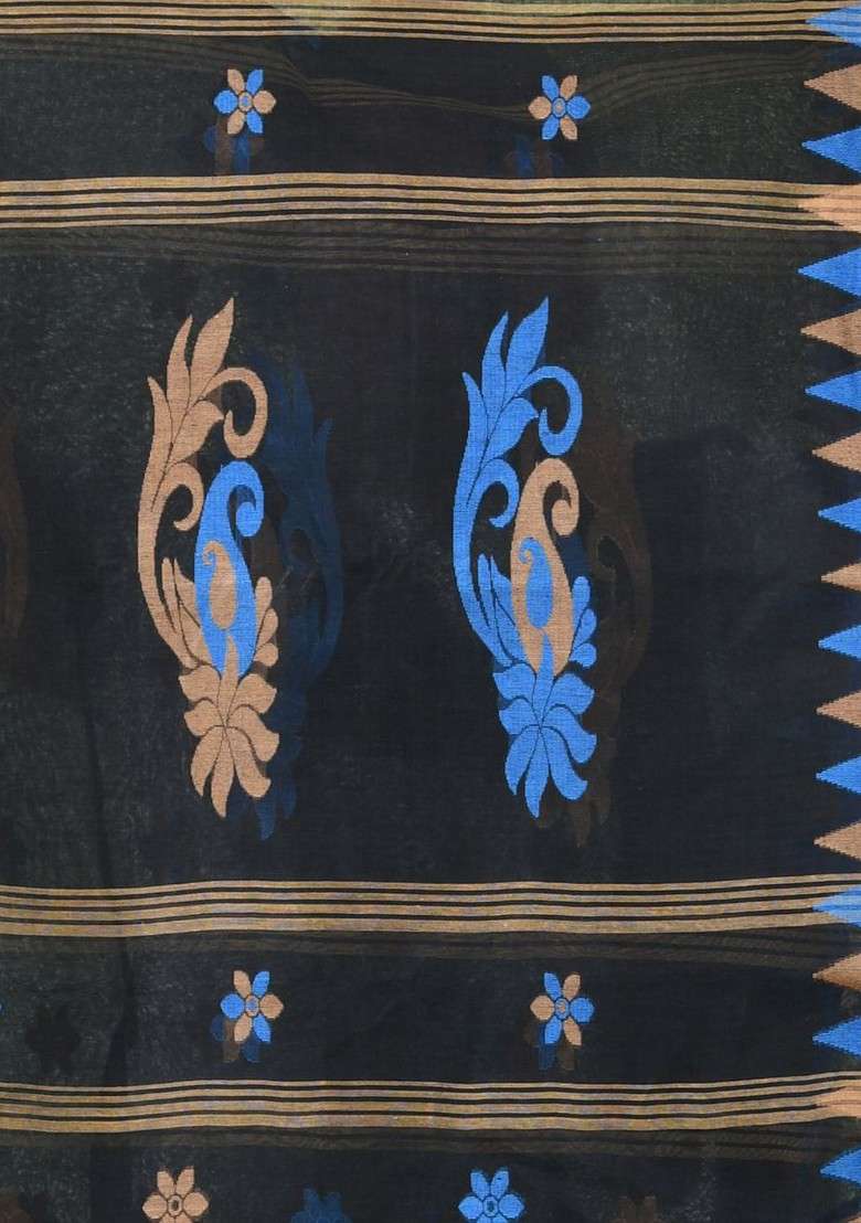 Black Cotton Saree Set with Floral Print for Diwali | Wedding & Festive Wear - Indya