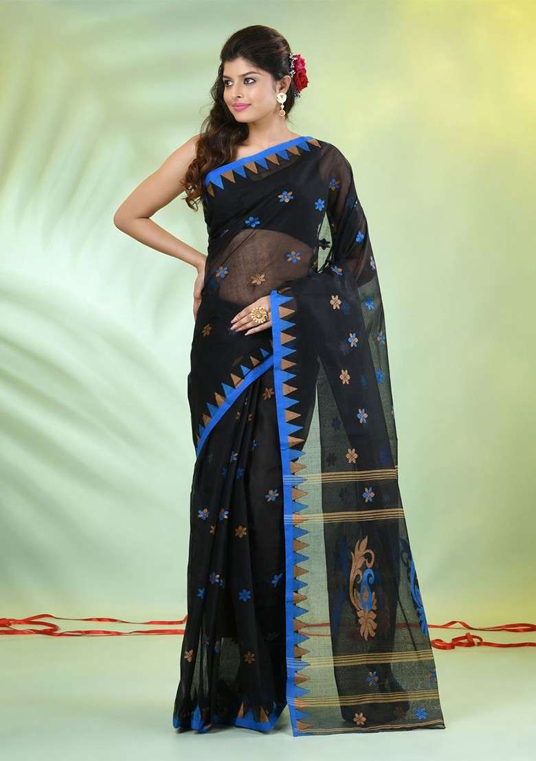 Black Cotton Saree Set with Floral Print for Diwali | Wedding & Festive Wear - Indya