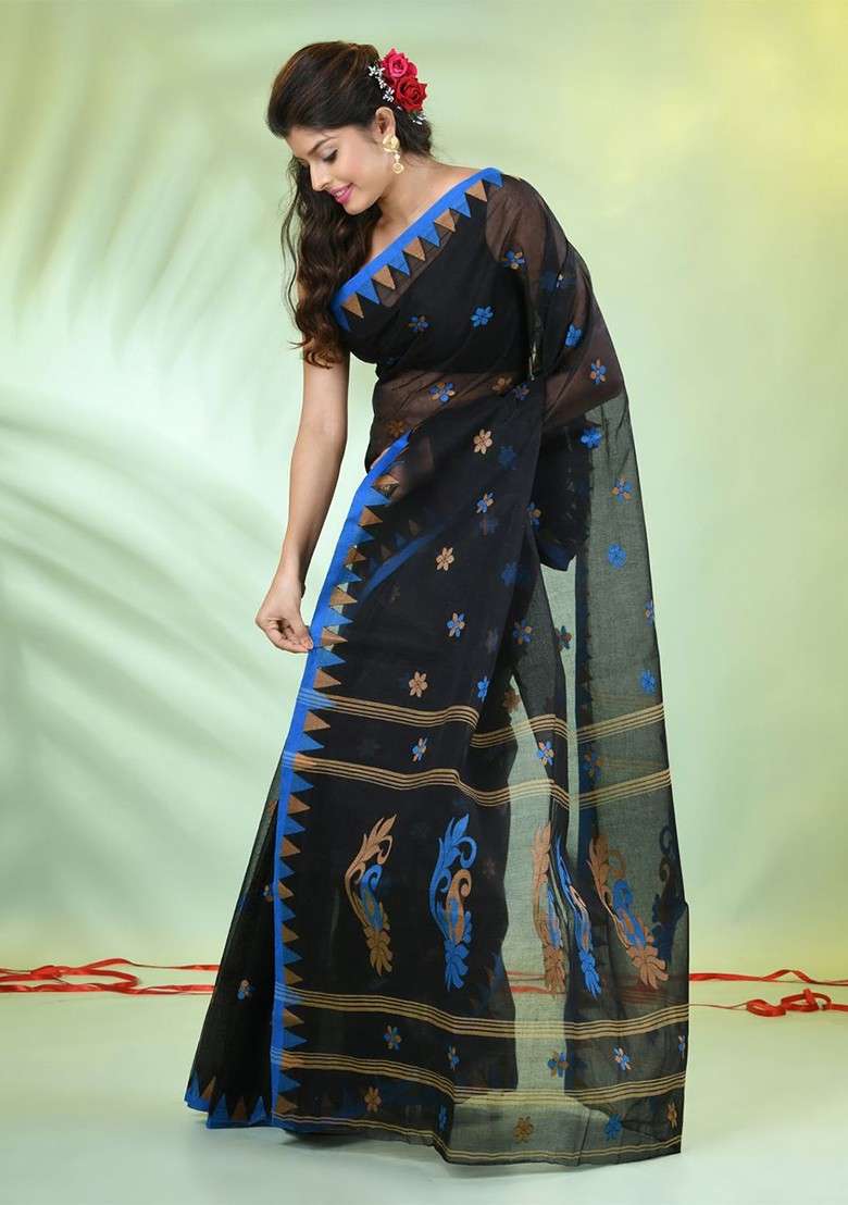 Black Cotton Saree Set with Floral Print for Diwali | Wedding & Festive Wear - Indya