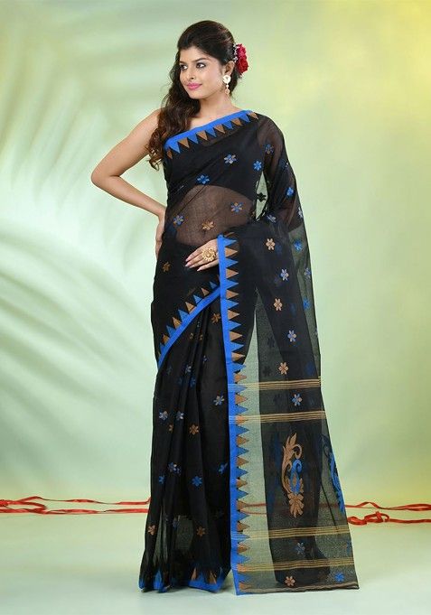 Black Floral Print Cotton Saree Set