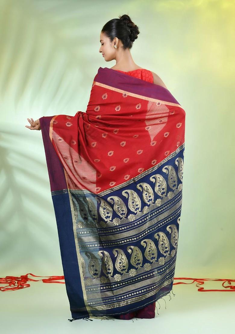 Red Ethnic Motifs Cotton Blend Saree Set