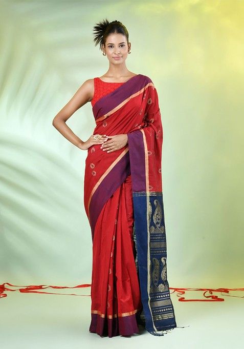 Red Ethnic Motifs Cotton Blend Saree Set