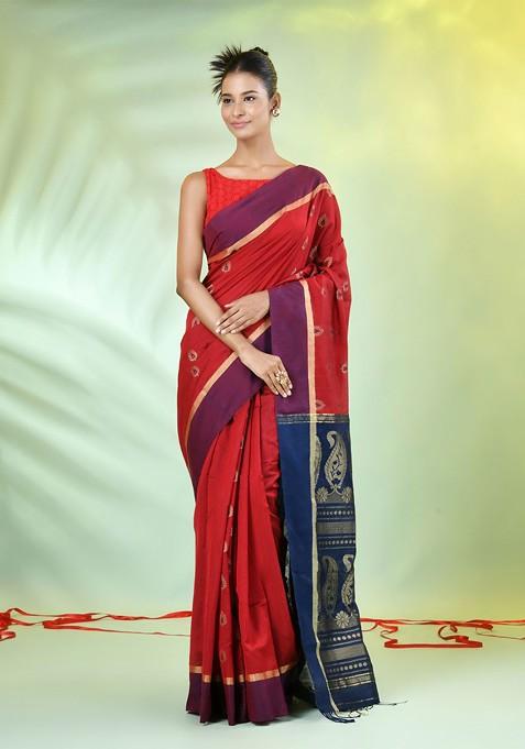 Red Ethnic Motifs Cotton Blend Saree Set