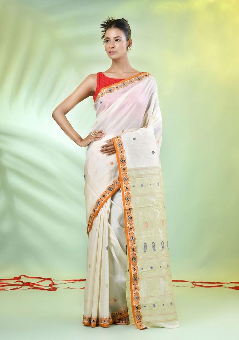 Off White Ethnic Motifs Tussar Silk Saree Set