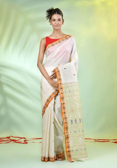 Off White Ethnic Motifs Tussar Silk Saree Set